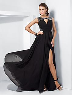 A-line Jewel Sweep/Brush Train Chiffon Evening Dress With Split Front inspired by Ziyi Zhang