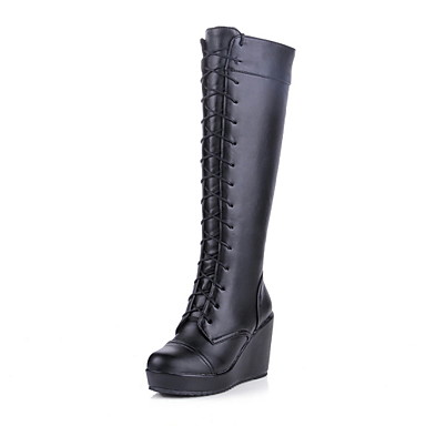Women's Shoes Round Toe Wedge Heel Knee-high Boots with Lace-up More